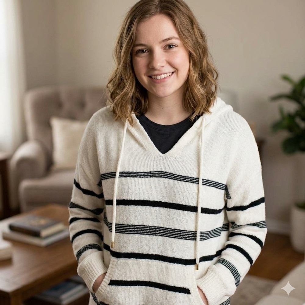 Nautical Minimalist Rachel Zoe Hooded Sweater Womens L Cream Black Striped